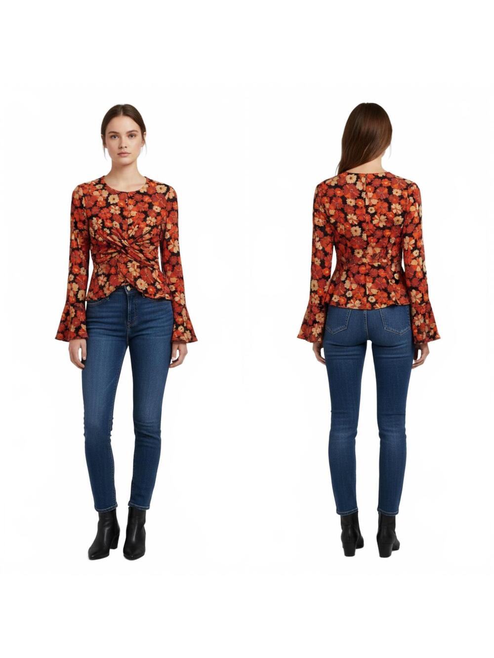 Floral Blouse Twist Front Long Sleeve Top